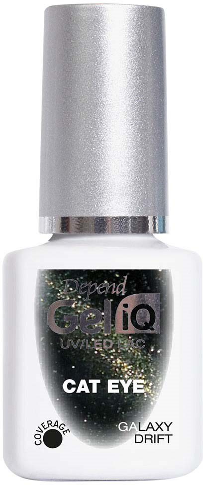 Nail polish bottle named Depend Gelqi, Cat Eye Galaxy Drift, with a silver cap.
