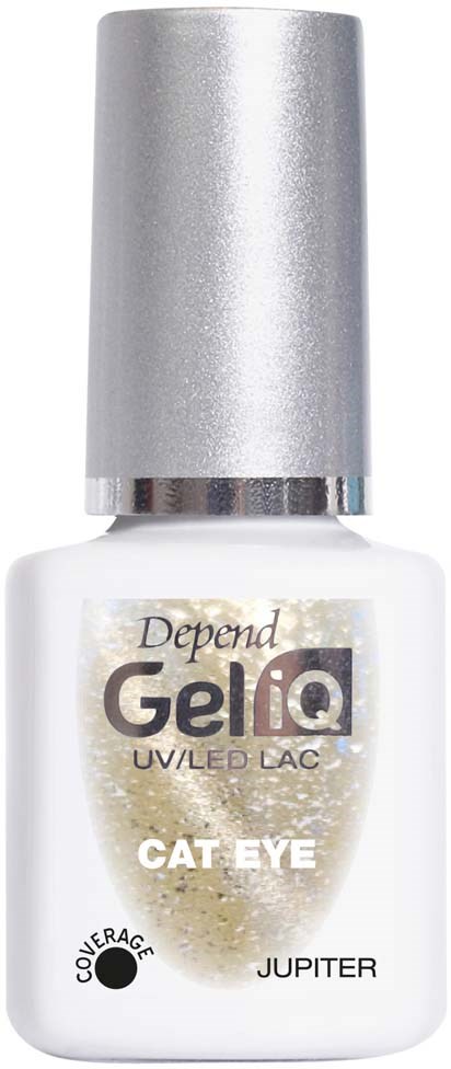A white nail polish bottle with a silver cap, labeled Depend Gel IQ Cat Eye Jupiter.