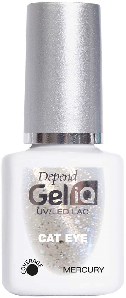 A white nail polish bottle with silver cap, labeled 'Depend GeliQ Cat Eye Mercury.'