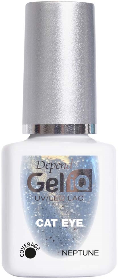 En vit nagellackflaska med ett silverlock och etikett som läser 'Gel IQ Cat Eye Neptune.'