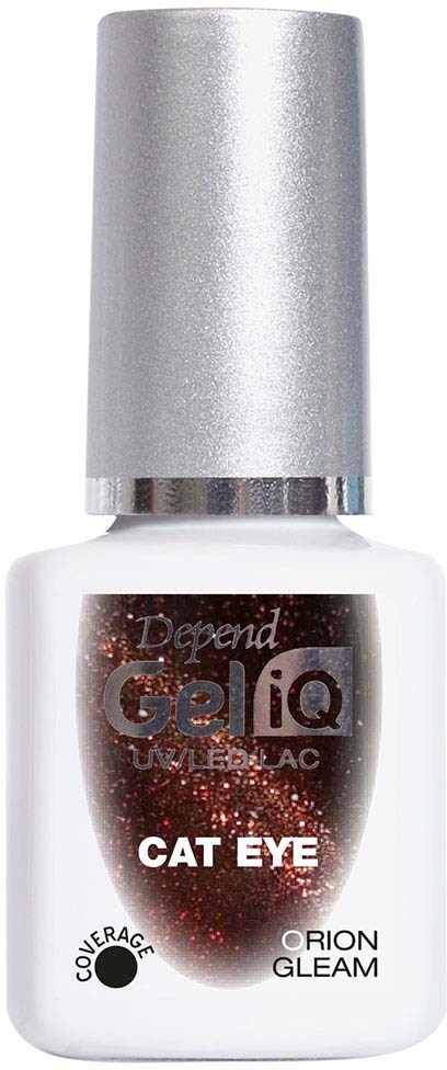 Nail polish bottle with white and silver colors, labeled "Cat Eye" and "Depend Gel IQ."