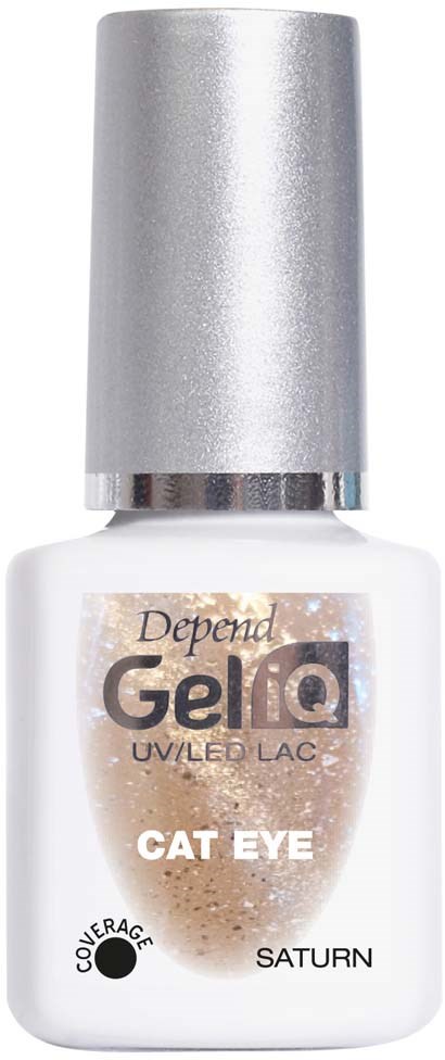 Nagellacksflaska märkt 'Depend Gel IQ Cat Eye Saturn' med silverkork.