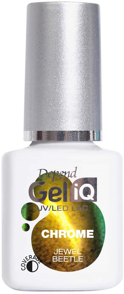 A white bottle of gel nail polish with a silver cap, labeled 'GeliQ Chrome Jewel Beetle' for UV/LED use.