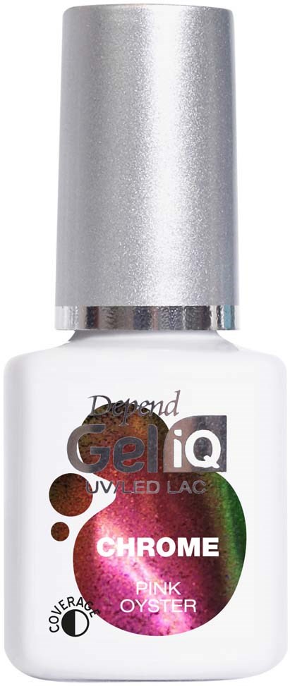 White nail polish bottle with a silver cap, labeled 'Gel IQ Chrome Pink Oyster' and 'UV LED Lacquer'.
