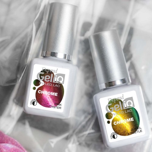 Two bottles of Depend GellIQ chrome nail gel polish, one pink and one green, on a clear background.