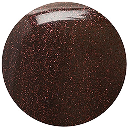 En glänsande, mörkrödbrun glitterboll med reflekterande topp. Den är slät och sfärisk.