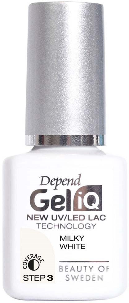 A white nail polish bottle with a silver cap, labeled GeliQ, Milky White, from Sweden.