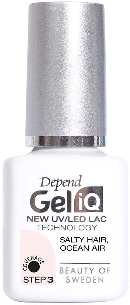 A white nail polish bottle with silver cap, labeled GeliQ, with text about UV LED technology and hair treatment.