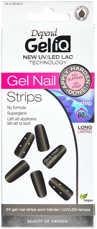 En eske med svarte gelénagelstrimler for varig manicure, med informasjon om funksjoner og vegansk status.