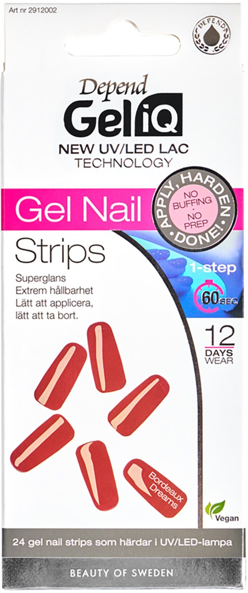 A box of pink and white gel nail strips with 12 pieces, vegan, and designed for easy, durable nail application.