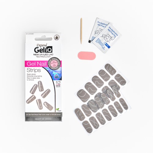 Nail strip package, pink gel, wooden stick, small alcohol pads, and gel nail strips arranged neatly.
