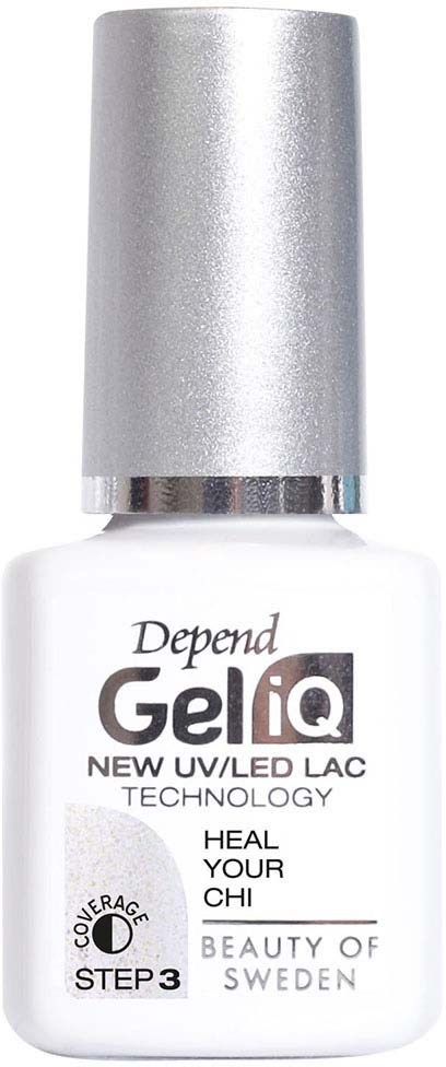 En vit flaska med en silverkork märkt GeliQ UV/LED-lamp nagellackbehandling.