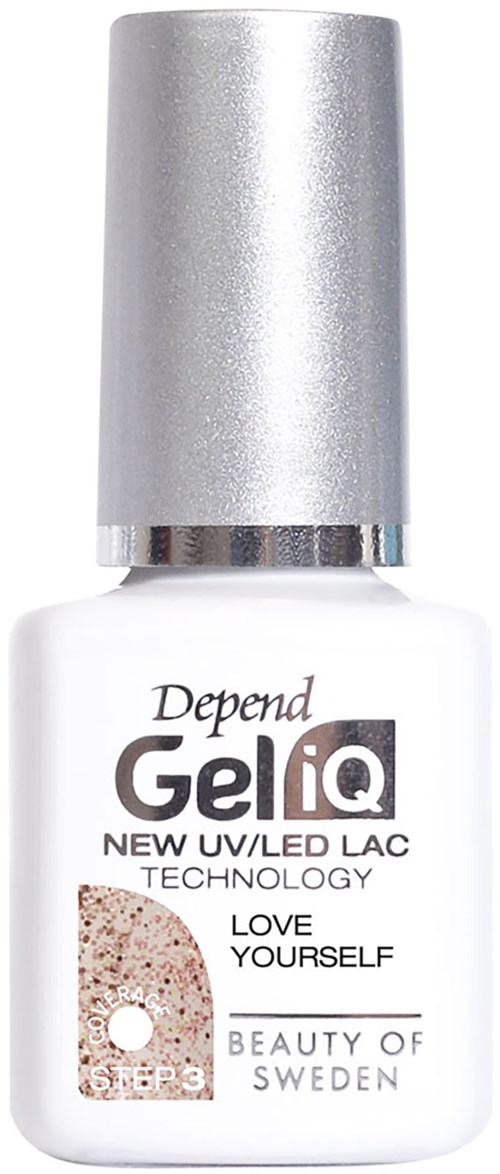 A white bottle with a silver cap, labeled GellQ, promotes UV LED nail technology and self-love.