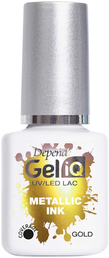 Kleine witte fles met zilveren dop, gelabeld 'Depend Gel IQ Metallic Ink Gold,' voor nagellak of inkt.