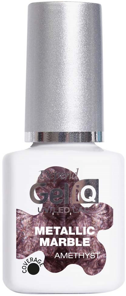 Nail polish bottle with a silver cap, white bottle, and label saying 'Metallic Marble Amethyst'.