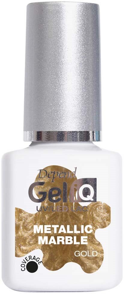 A bottle of gel nail polish labeled 'Metallic Marble Gold' with a silver cap and gold marbling design.