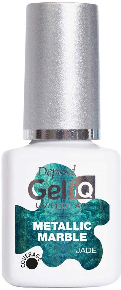 Een witte fles met zilveren dop met gelnagellak gelabeld als metallic marble jade.