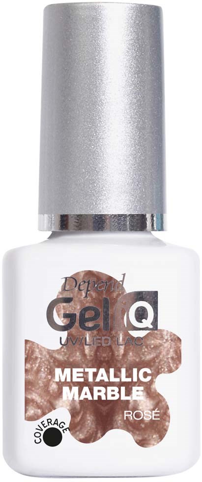 A small white nail polish bottle with a silver cap, labeled 'Metallic Marble Rosé' and brand 'Depend GELLQ'