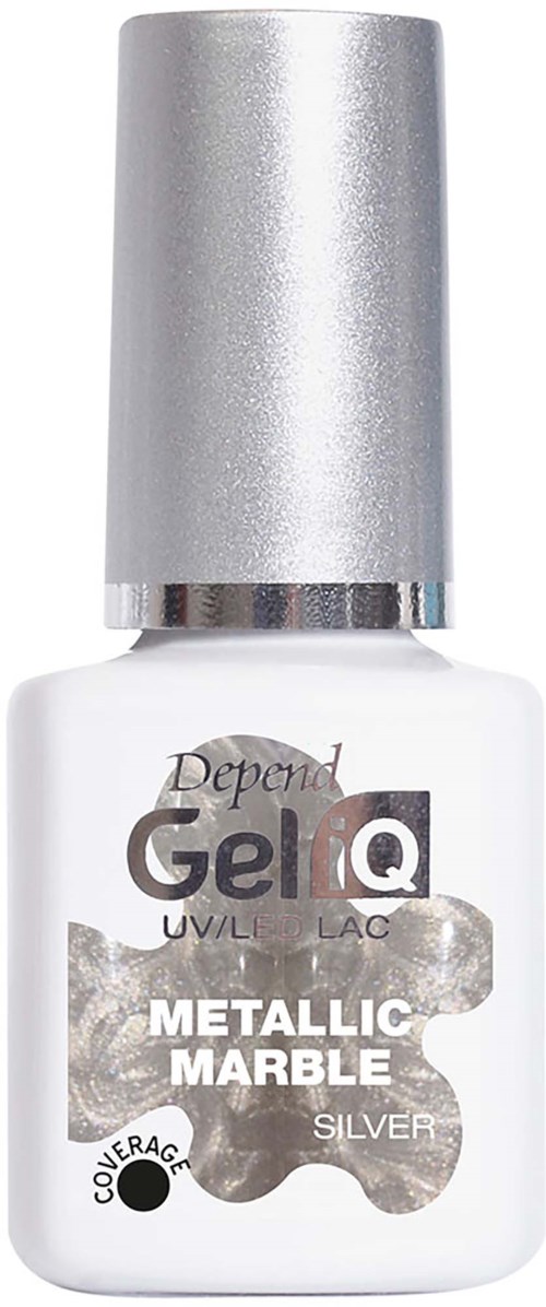 A white nail polish bottle with silver cap, labeled metallic marble silver, with a zebra print design and black dot.