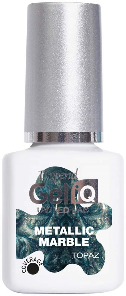 Nail polish bottle with white base, silver cap, and a label mentioning 'Metallic Marble' and 'Topaz' color.