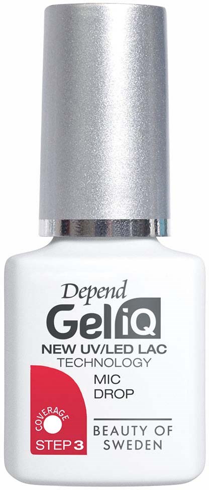 White bottle with a silver cap, labeled 'GeliQ' nail product, mentioning UV/LED technology and coverage step 3.