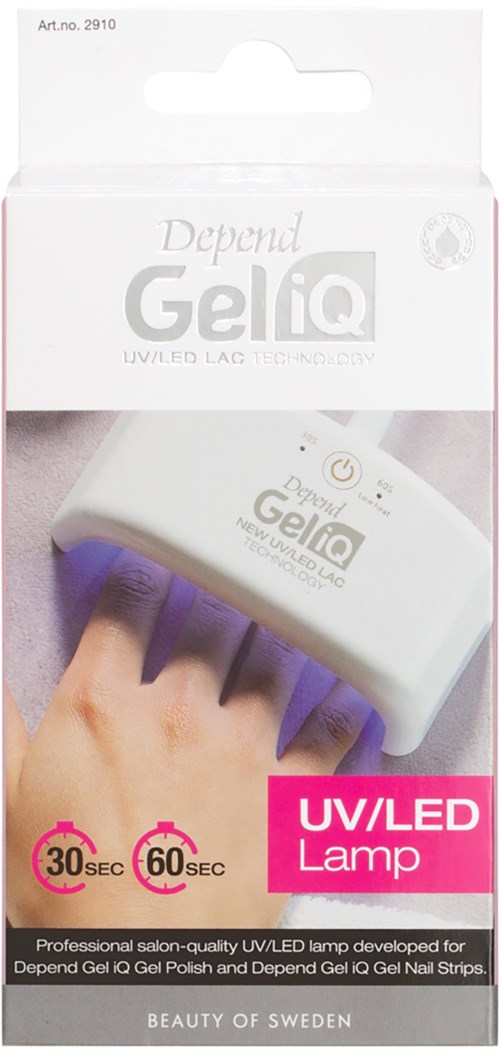 A white device with purple lights, labeled as a UV/LED lamp for nails, shows cooking times of 30 and 60 seconds.
