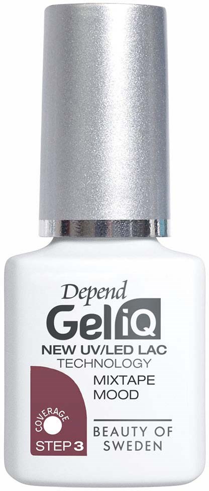 A white bottle of Depend GeliQ nail product with a silver cap and black and red text.