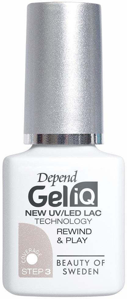 A white bottle with a silver cap, labeled 'GeliQ' nail polish, with details about UV/LED technology and Sweden.