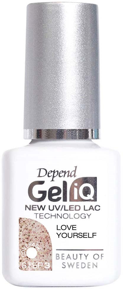 Een witte fles met een zilverkleurige dop, gemarkeerd 'Depend GeliQ', gerelateerd aan nagellak of geltechnologie.
