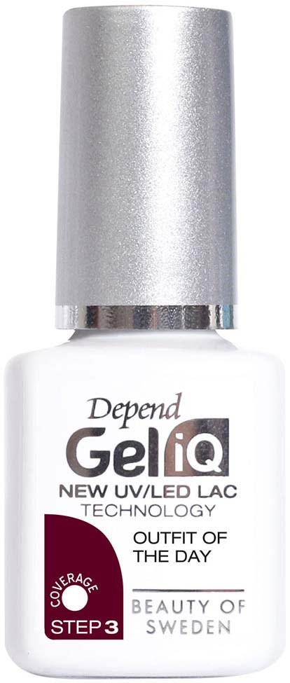 Eine weiße Flasche mit silberner Kappe, gekennzeichnet Ge iQ Nagelprodukt, erwähnt UV LED-Technologie und 'Outfit of the Day.'