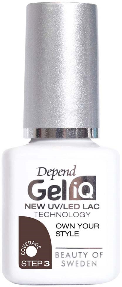 Eine weiße Nagellackflasche mit silberner Kappe, beschriftet "Depends GeliQ" und erwähnt UV LED-Technologie.