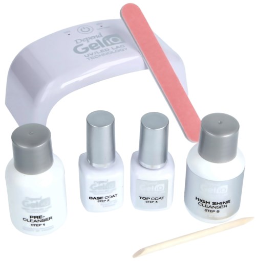 Nail products and tools for gel nail application, including polishes, UV lamp, and manicure stick.