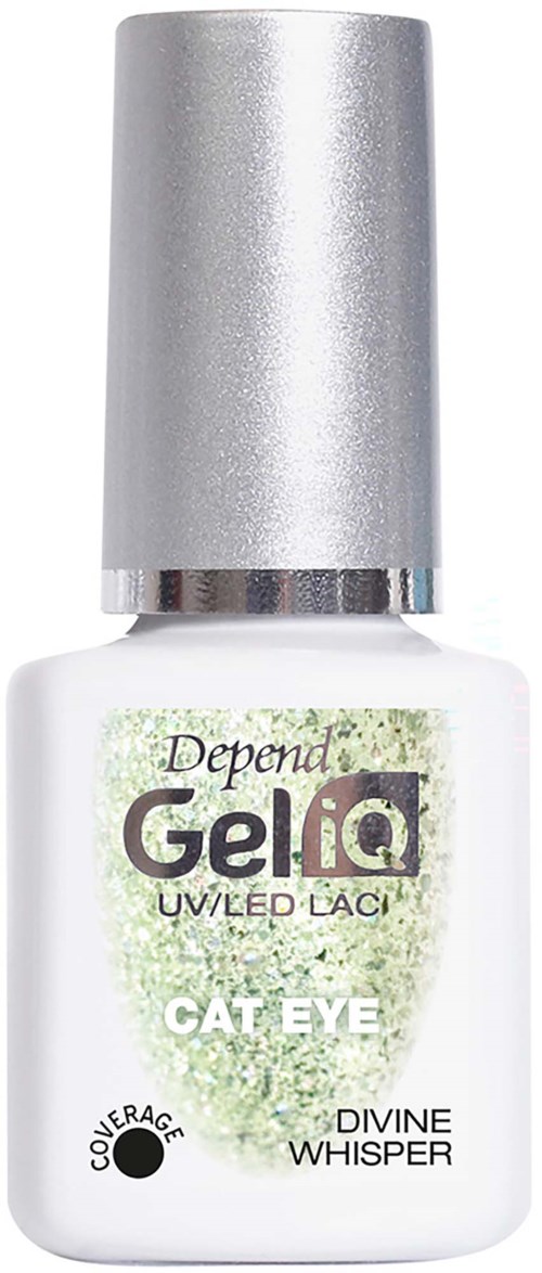 Een witte fles met een zilveren dop gemerkt 'Gelia Cat Eye UV/LED Lac' en 'Divine Whisper', lijkt nagellak.