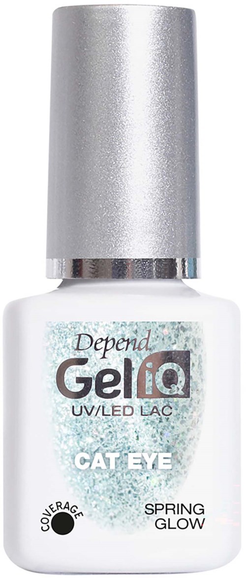 A bottle of Depend GelIQ Cat Eye nail polish with a silver cap, labeled as spring glow.