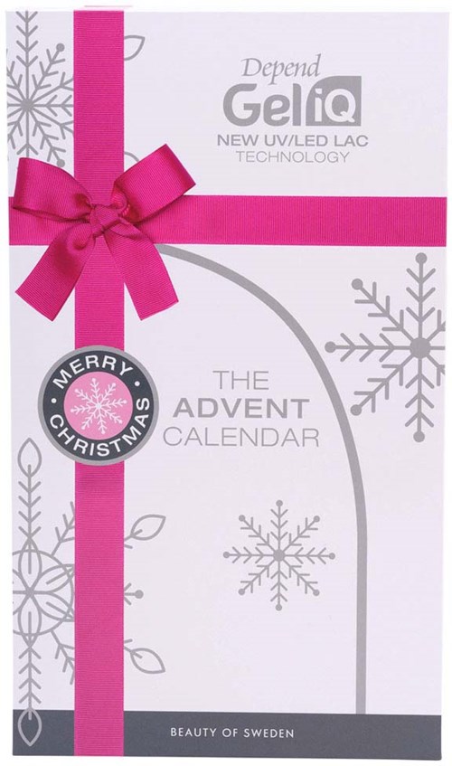 Een kerstkalender met sneeuwvlokken, een roze lint en strik, en tekst over GelQ LED-technologie en kerst.