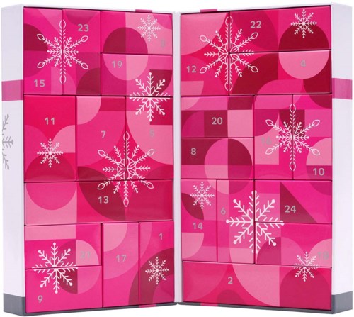 Roze en witte adventskalender met genummerde deuren en sneeuwvlok-illustraties.