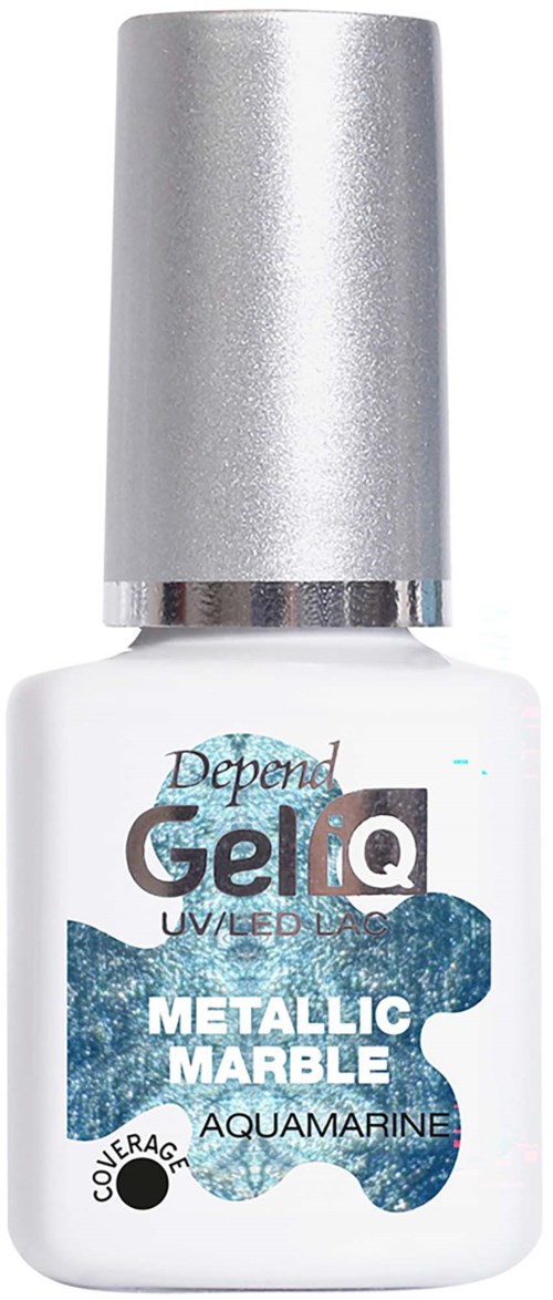White nail polish bottle with a silver cap. Contains Depend GellQ Metallic Marble nail polish in aquamarine color.