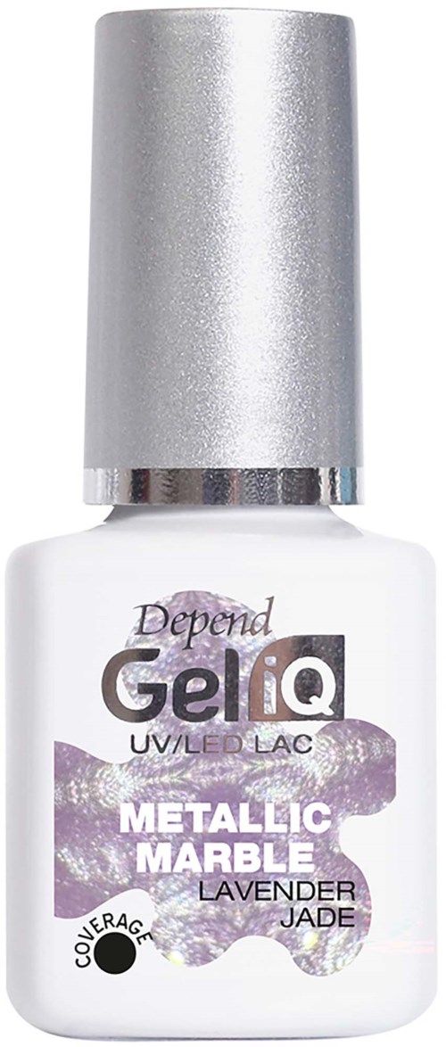 This is a bottle of gel nail polish with a silver cap, lavender marble design, and text about color and coverage.