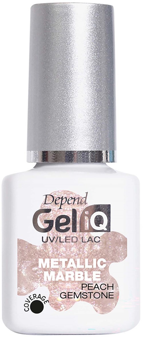 The bottle shows Depend Gel iQ nail polish in metallic marble peach gemstone color.