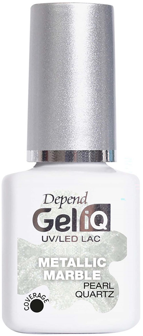 A white nail polish bottle with a silver cap, labeled Depend Gel iQ Metallic Marble Pearl Quartz.