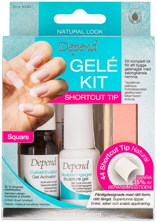 En nagelvårdsset med gel-aktiverare, sculpting gel och en svamp. Boxen är blå med rosa etiketter och en handbild.