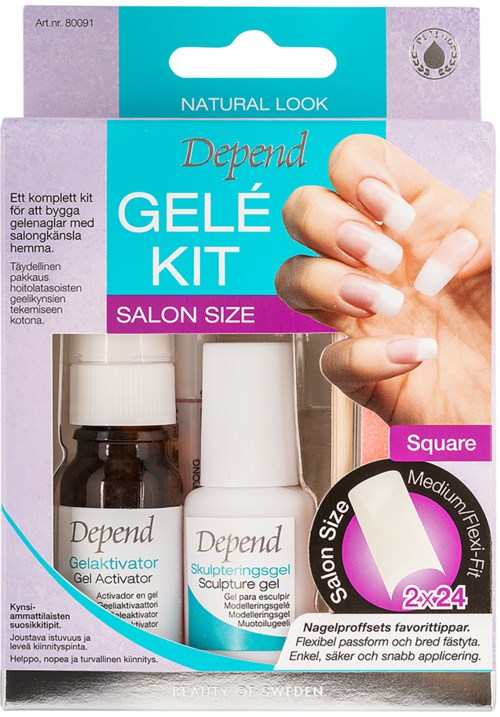 A gel nail kit for salon use with white and brown bottles, featuring a hand with neatly applied nails. Includes square shapes.