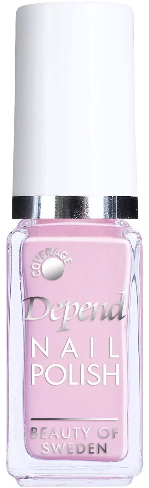 Eine rosa Depend Nagellackflasche mit weißem Deckel und Silberband, beschriftet 'Nail Polish' aus Schweden.