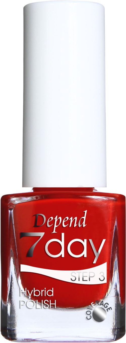 Red nail polish bottle with white cap, labeled 'Depend 7day Step 3 Hybrid Polish'.