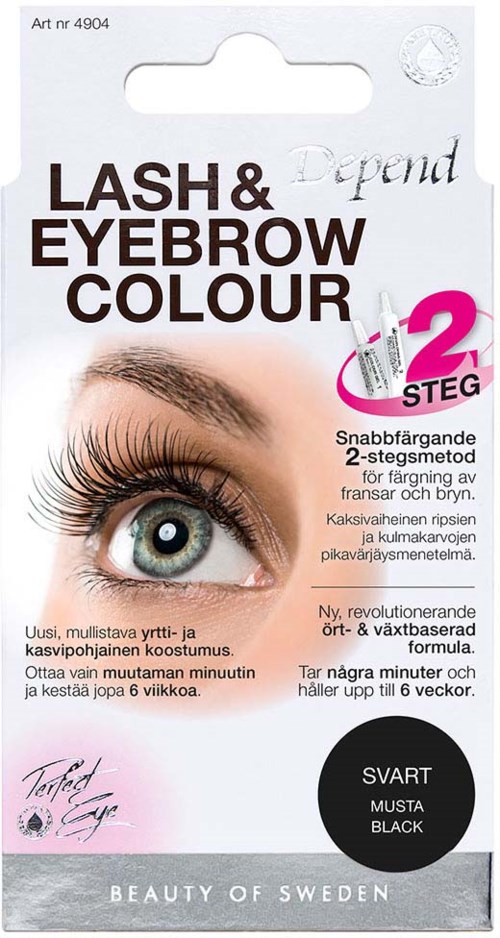 Verpackung für Wimpern- und Augenbrauenfärbung, zeigt Nahaufnahme eines Auges mit langen Wimpern und blauer Iris, Text in mehreren Sprachen.