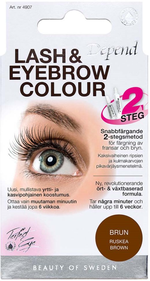 Eine Packung für Wimpern- und Augenbrauenfarbe mit Nahaufnahme eines Auges mit langen Wimpern, Text zu einem schnellen Zwei-Schritte-Verfahren, und braune Farboptionen.