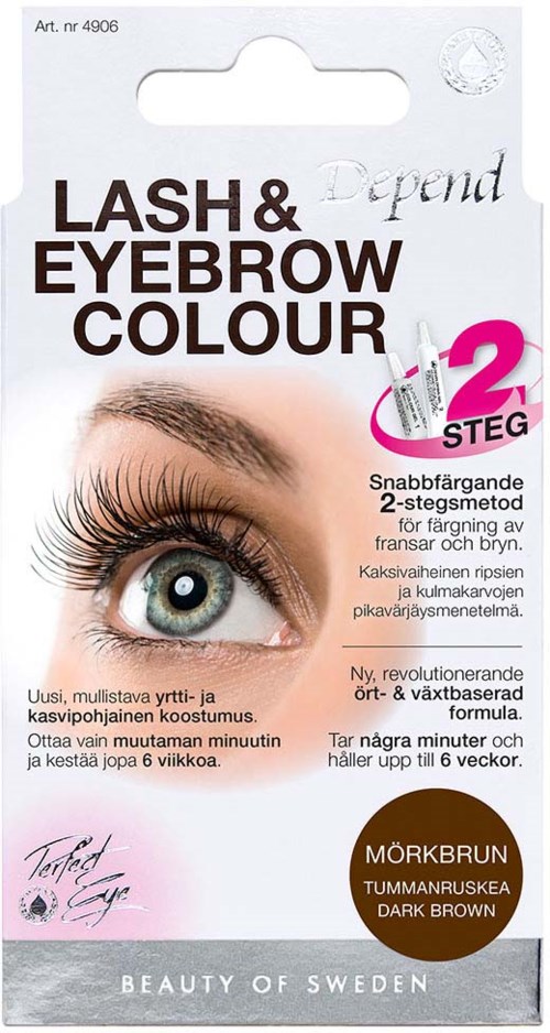 Verpakking voor wimper- en wenkbrauwverf met een close-up van een blauw oog, promoten van snelle twee-stappen kleuroplossing in donkerbruin.