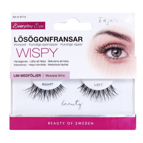 Artificial eyelash strips for a dramatic eye look, with easy-to-apply adhesive included, from Sweden.