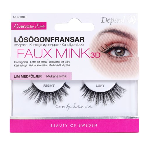 This is a package of 3D false mink eyelashes with labels for right and left eyes, designed for beauty and confidence.
