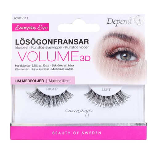 This is a package of 3D false eyelashes from Sweden, with a close-up eye and pink label.